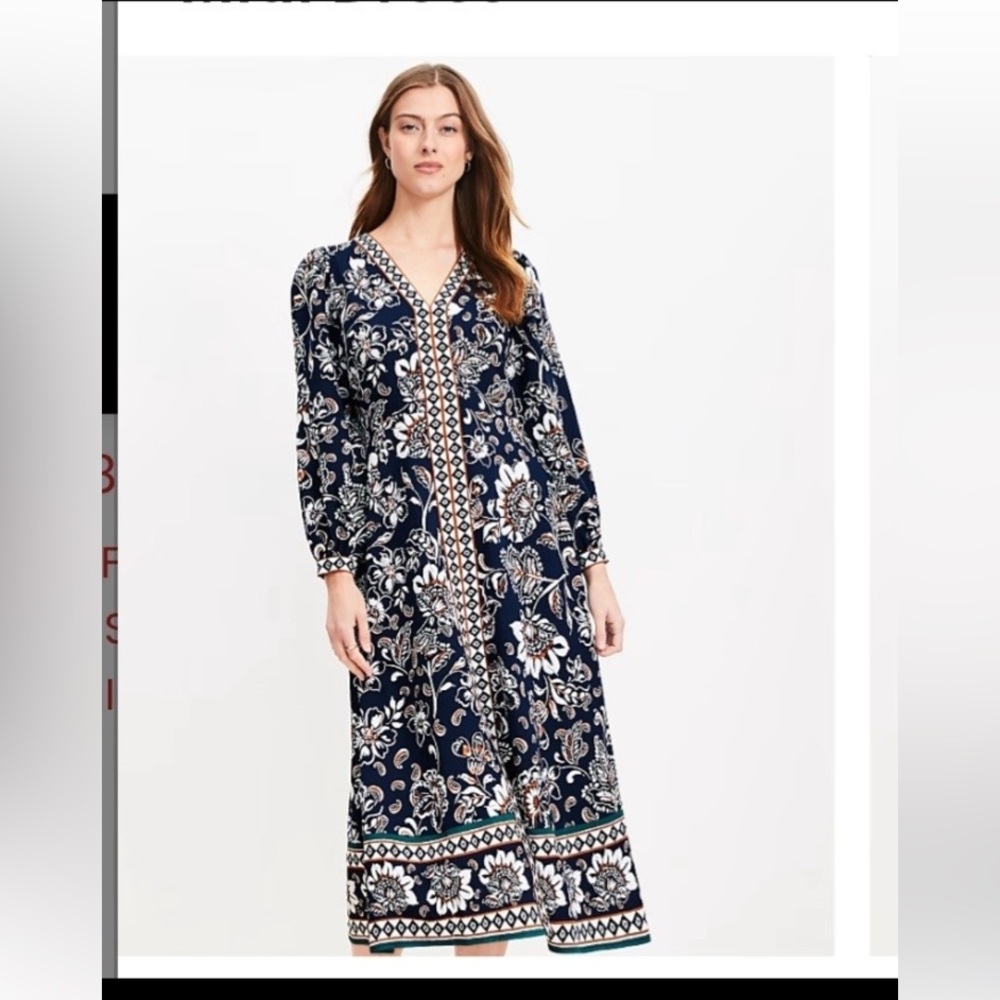Ann Taylor Loft midi dress Vneck long sleeve blue print size 2 Petite
